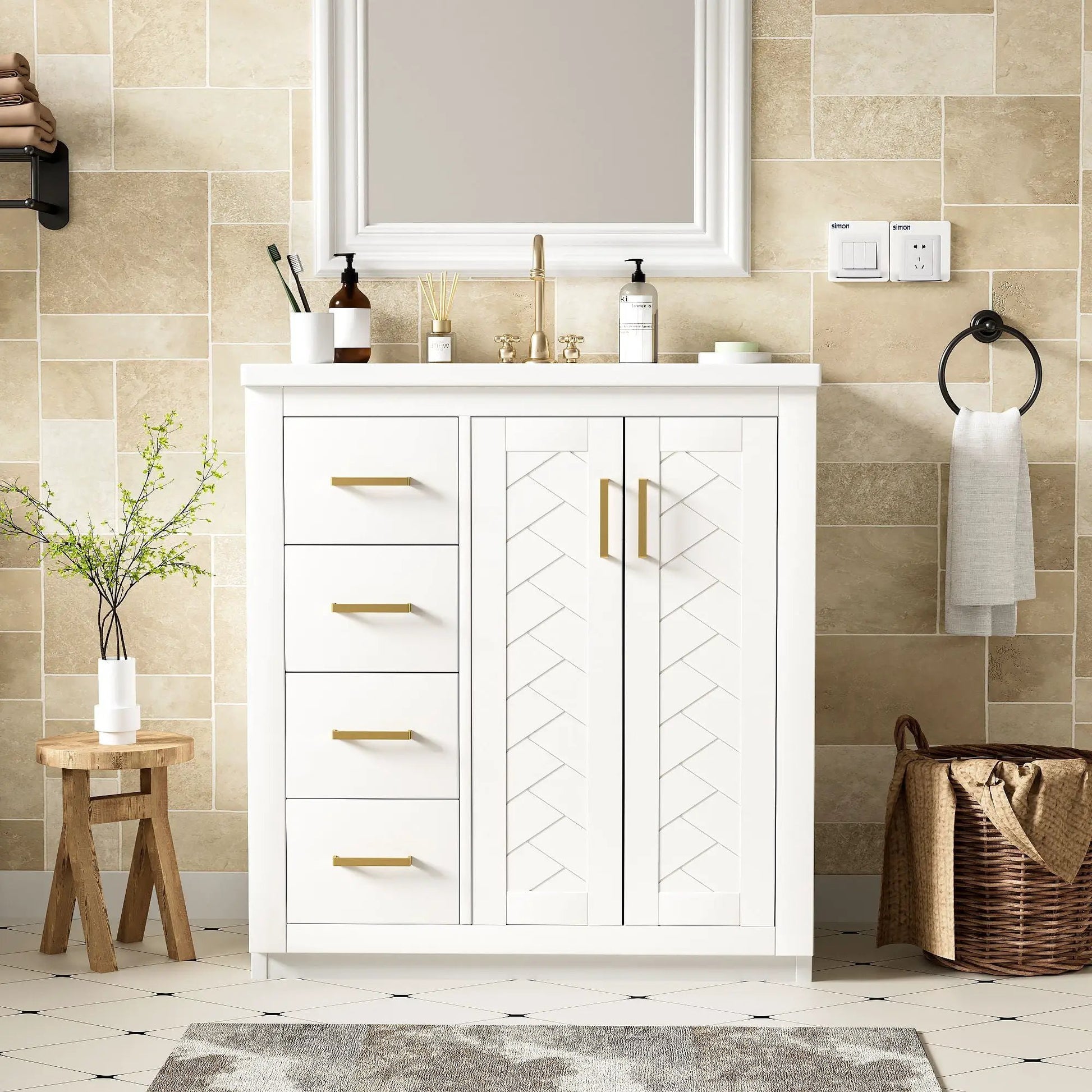 Ceramic sink vanity, white cabinet with 3 drawers and brass faucet and gold hardware on Tampa Home & Garden Store