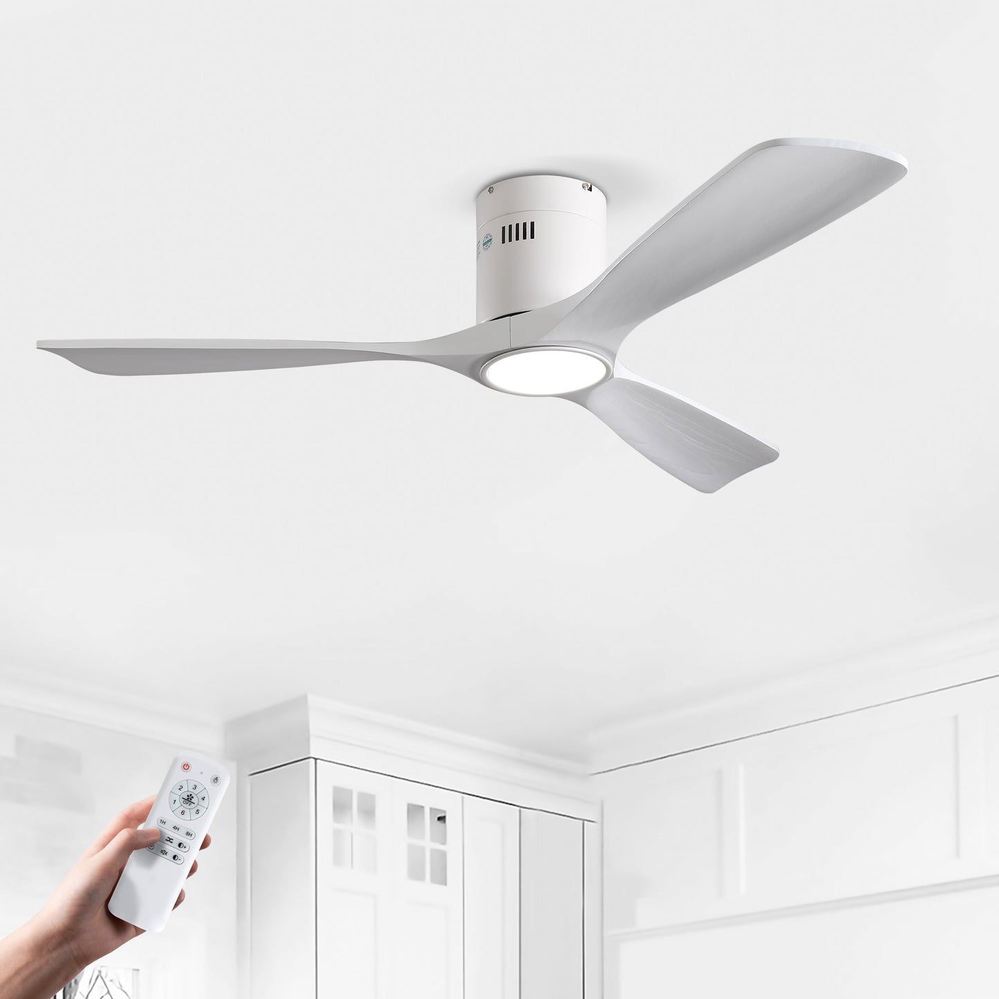 52 inch solid wood ceiling fan with light kit, white finish, 3 blades, remote on Tampa Home & Garden Store