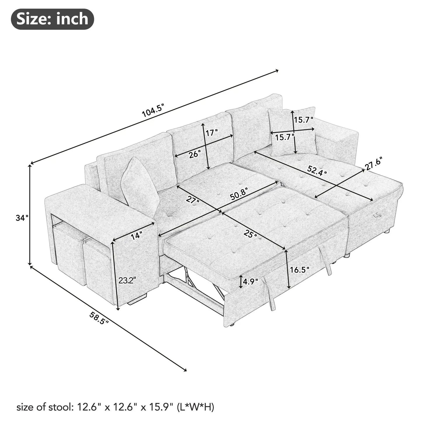 Unique Piece Furniture L-shape sleeper sectional in gray fabric with storage chaise and 2 stools on Tampa Home & Garden Store