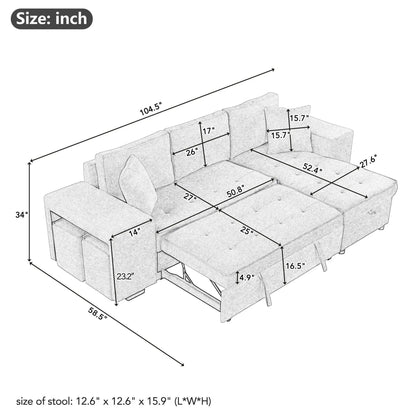 Unique Piece Furniture L-shape sleeper sectional in gray fabric with storage chaise and 2 stools on Tampa Home & Garden Store