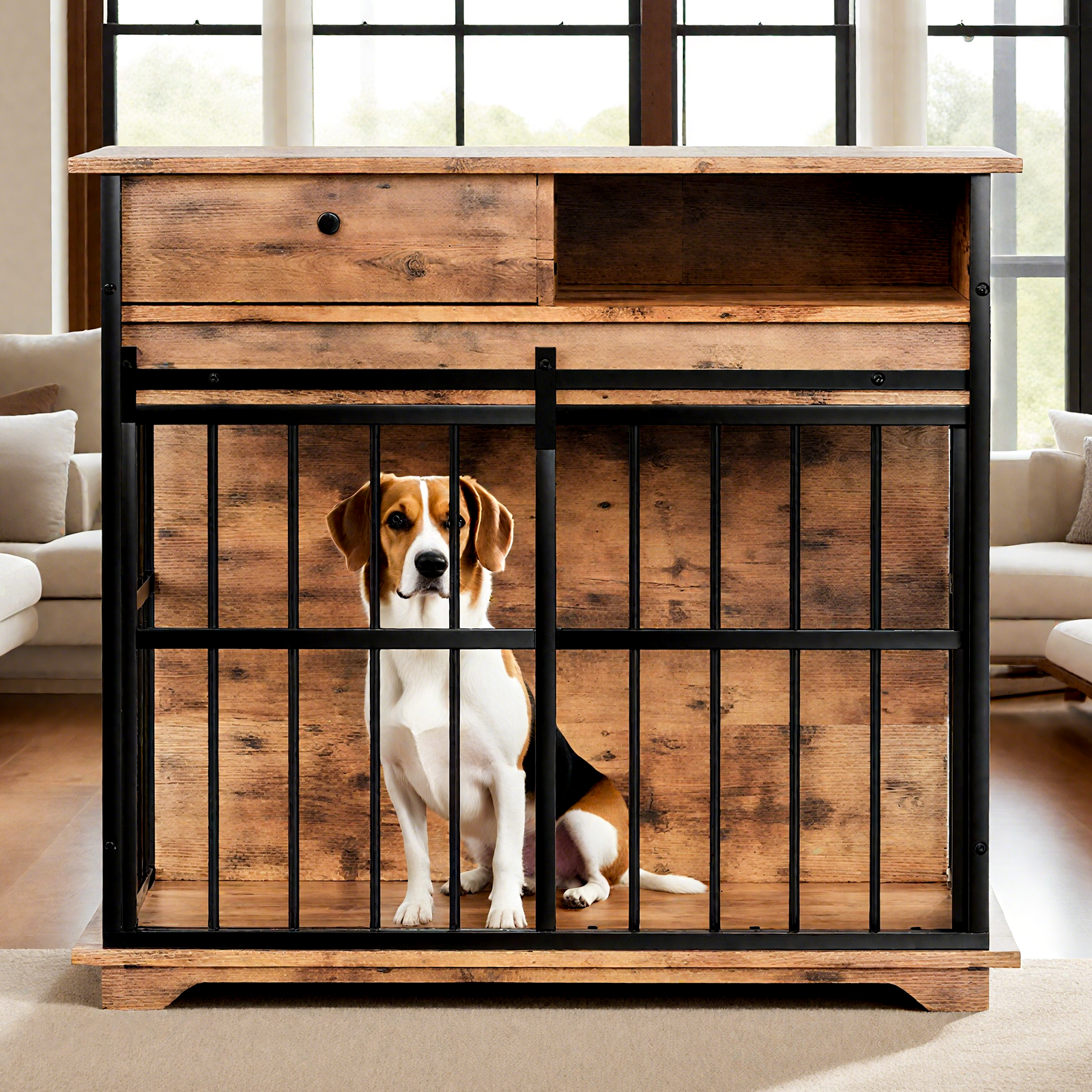 HouseOfZazla dog cage furniture for small dogs with wood panels and black metal bars, dog inside on Tampa Home & Garden Store