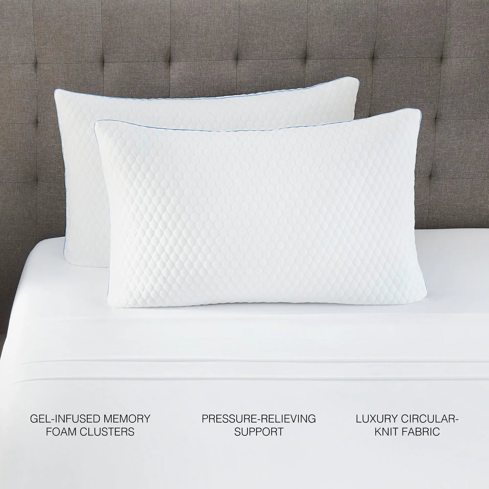 12 Piece Premium Comfort Bedding Pack white quilted shams with blue piping on brown headboard on Tampa Home & Garden Store