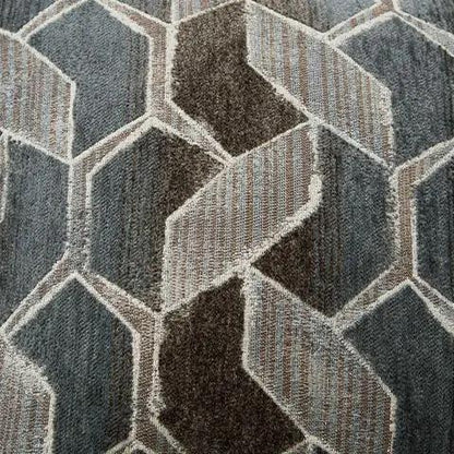 Stonemeade Sofa upholstery with geometric blue-gray hex pattern and brown accents on Tampa Home & Garden Store