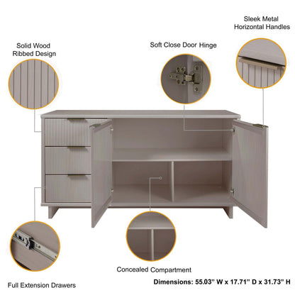 Granville Sideboard by HouseOfZazla in light gray ribbed wood with full-extension drawers on Tampa Home & Garden Store