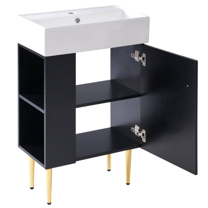 Bathroom vanity with white ceramic sink on a black storage unit with open shelves and gold legs on Tampa Home & Garden Store