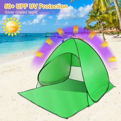 Pop-up beach tent green for 2–3 people on sunny sandy beach with ocean backdrop on Tampa Home & Garden Store