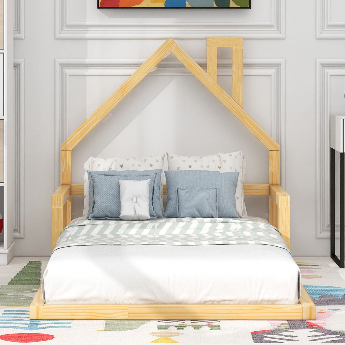 Floor bed with house-shaped headboard in natural wood, HouseOfZazla platform bed on Tampa Home & Garden Store