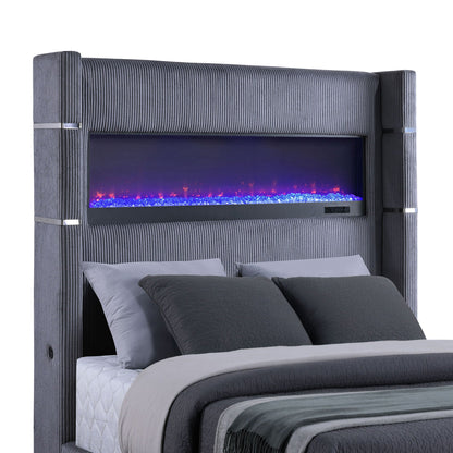 Judah Flame Visualizer Bed by HouseOfZazla, ribbed upholstered bed with built-in fireplace on Tampa Home & Garden Store