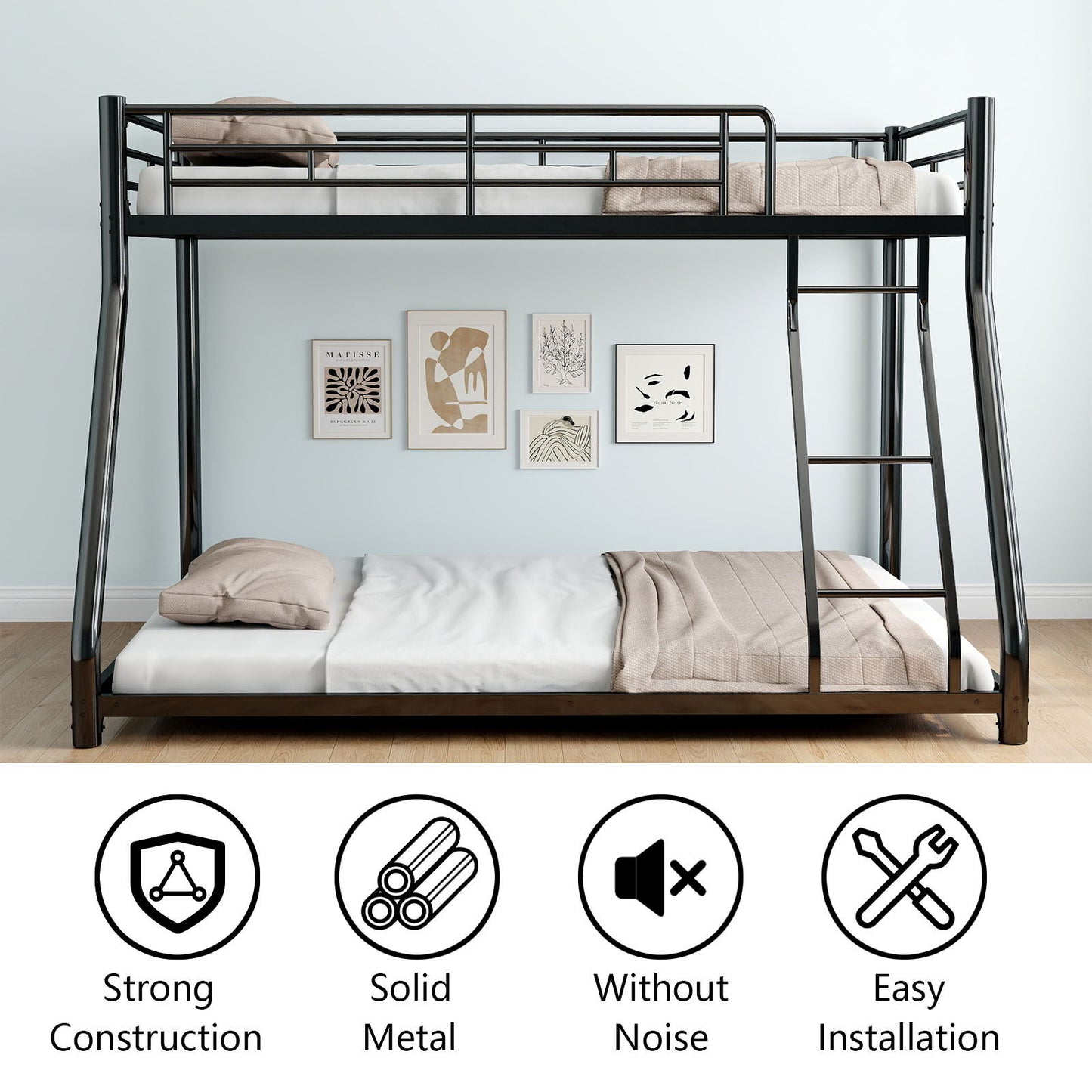 Sturdy Metal Bunk Bed With Ladder and Guardrail