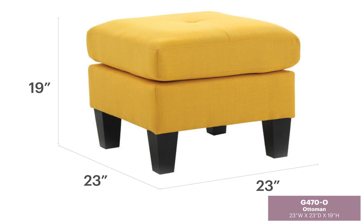 Upholstered ottoman yellow fabric, tufted top, 23W x 23D x 19H, dark wooden legs on Tampa Home & Garden Store