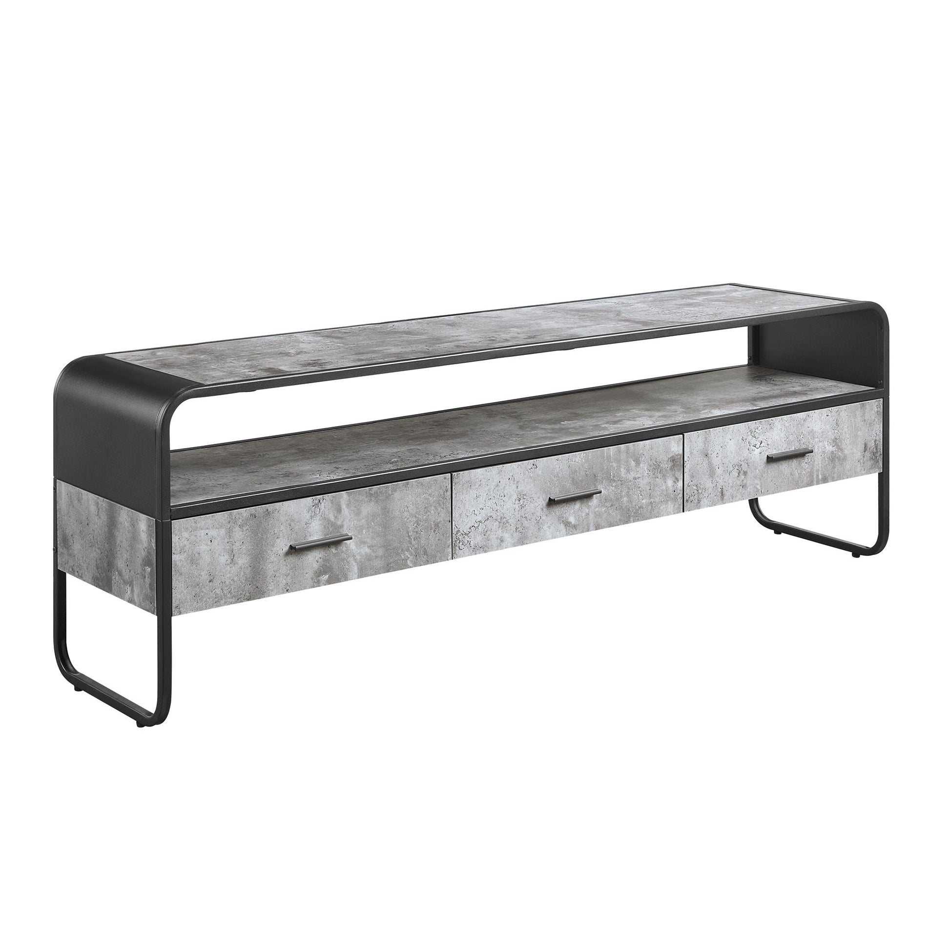 Raziela TV Stand & Storage by HouseOfZazla, concrete drawers, black metal frame, 4-drawer unit on Tampa Home & Garden Store
