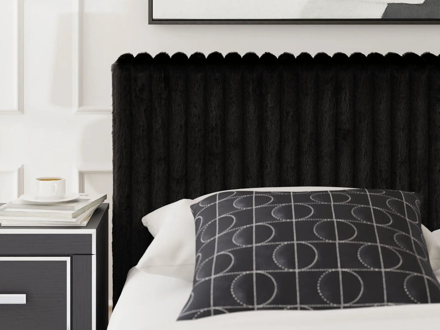 Zuraleus upholstered bed by Unique Piece Furniture with black fur headboard and monochrome bedding on Tampa Home & Garden Store