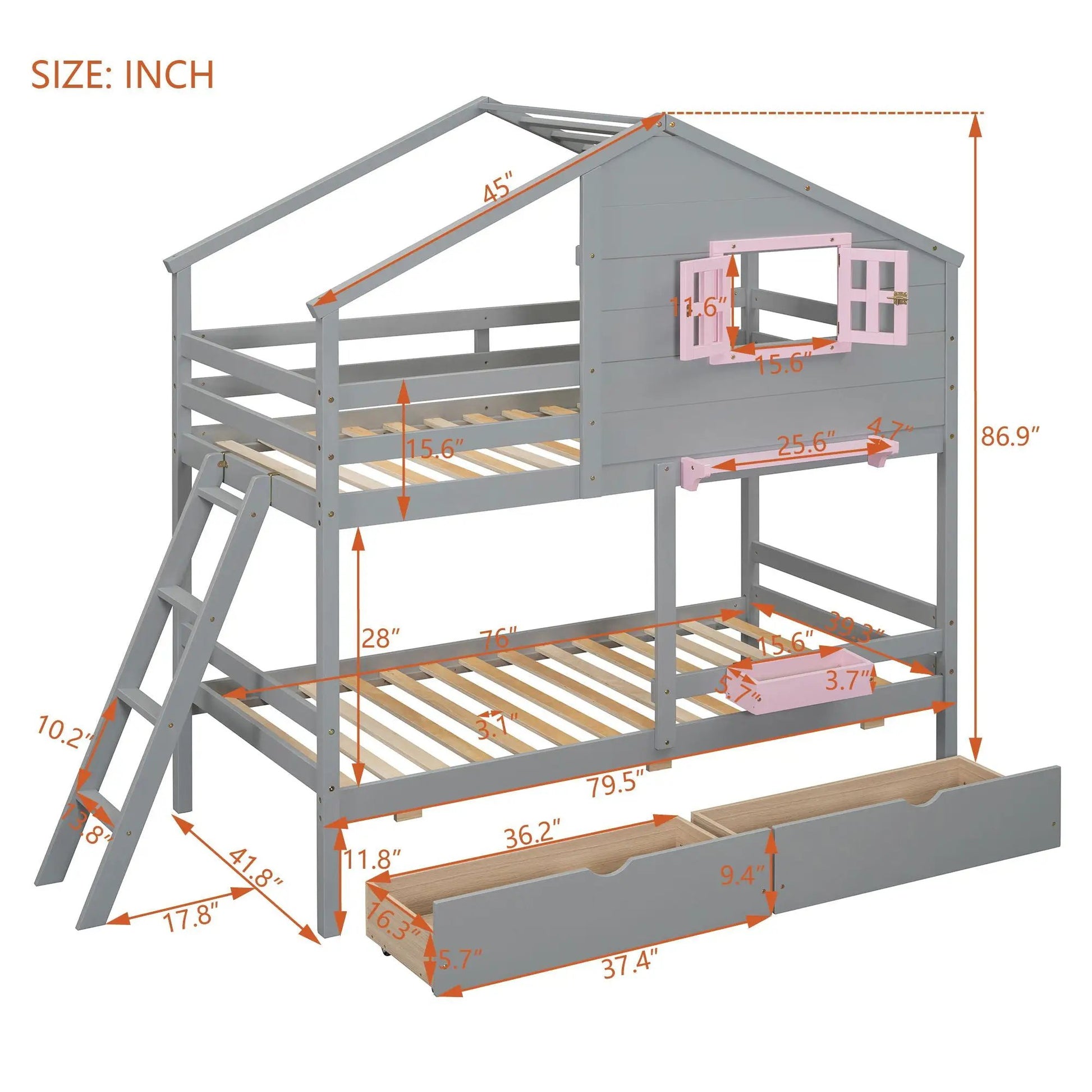 Unique Piece Furniture bunk bed with playhouse roof and window gray wood with pink shutters on Tampa Home & Garden Store