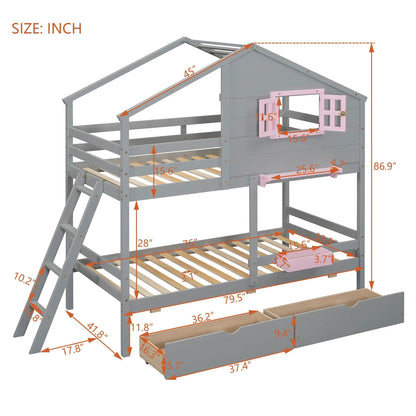 Unique Piece Furniture bunk bed with playhouse roof and window gray wood with pink shutters on Tampa Home & Garden Store