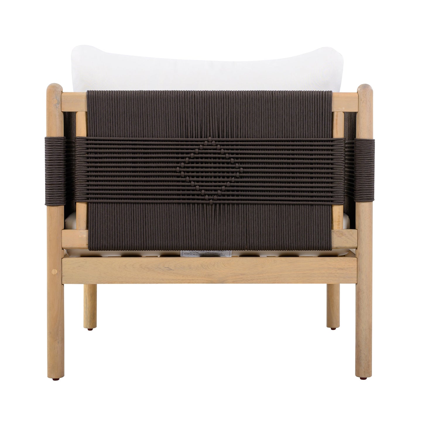 Outdoor acacia wood club chair in light teak with dark diamond rope weave and white cushions on Tampa Home & Garden Store