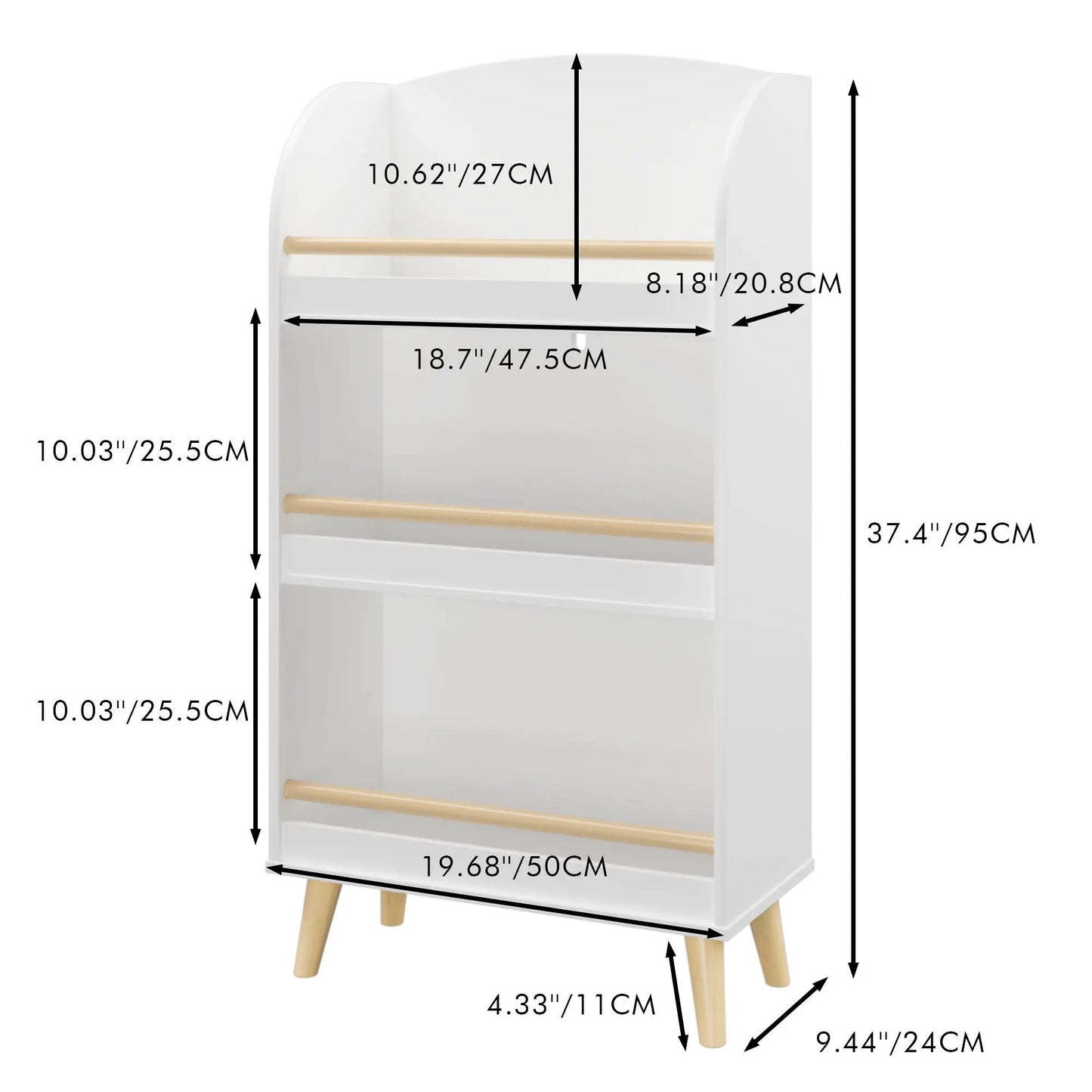 Bookshelf 3 Tier Book Organizer With Toy Storage white finish with wooden dowels on Tampa Home & Garden Store