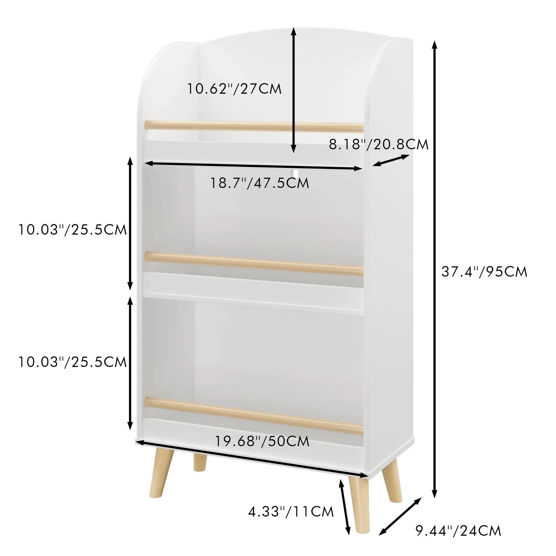 Bookshelf 3 Tier Book Organizer With Toy Storage white finish with wooden dowels on Tampa Home & Garden Store