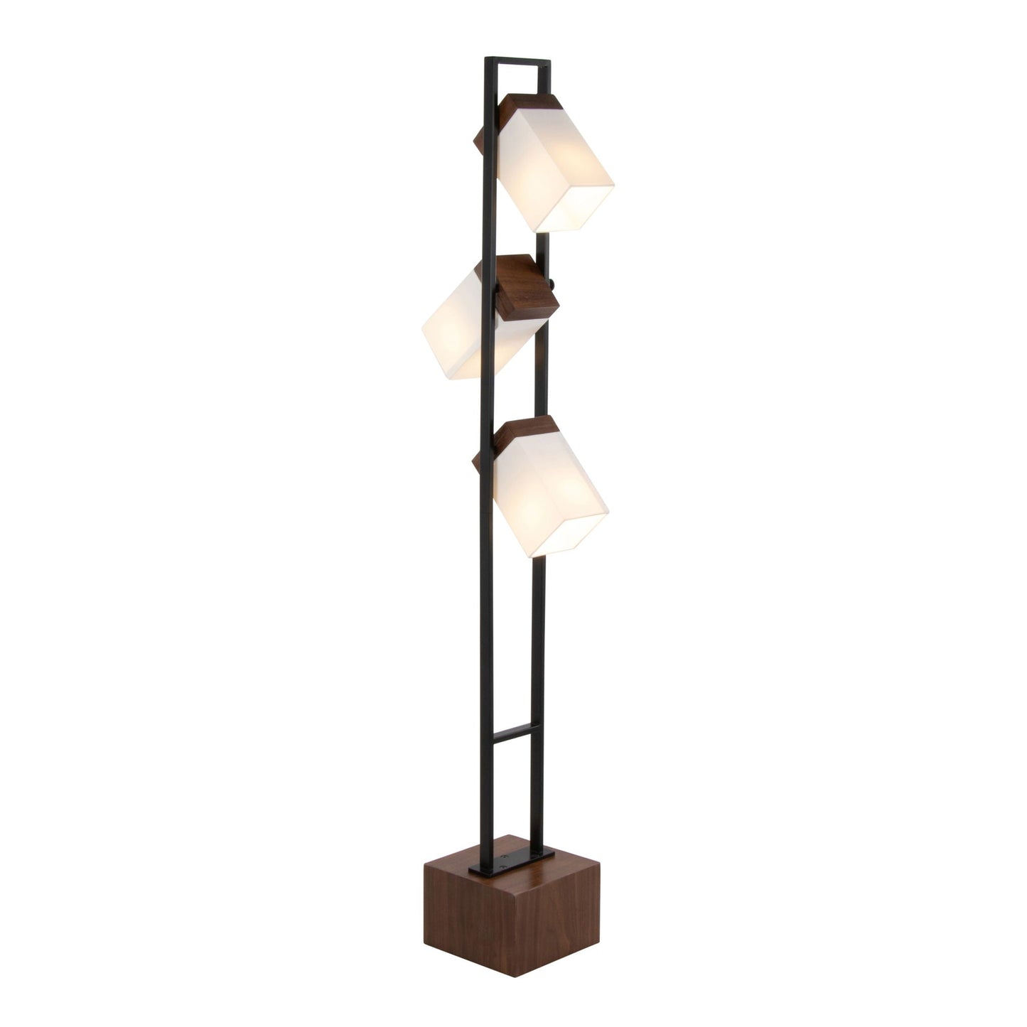 Bento floor lamp, black metal frame with walnut blocks and white cube shades, 4 lights on Tampa Home & Garden Store