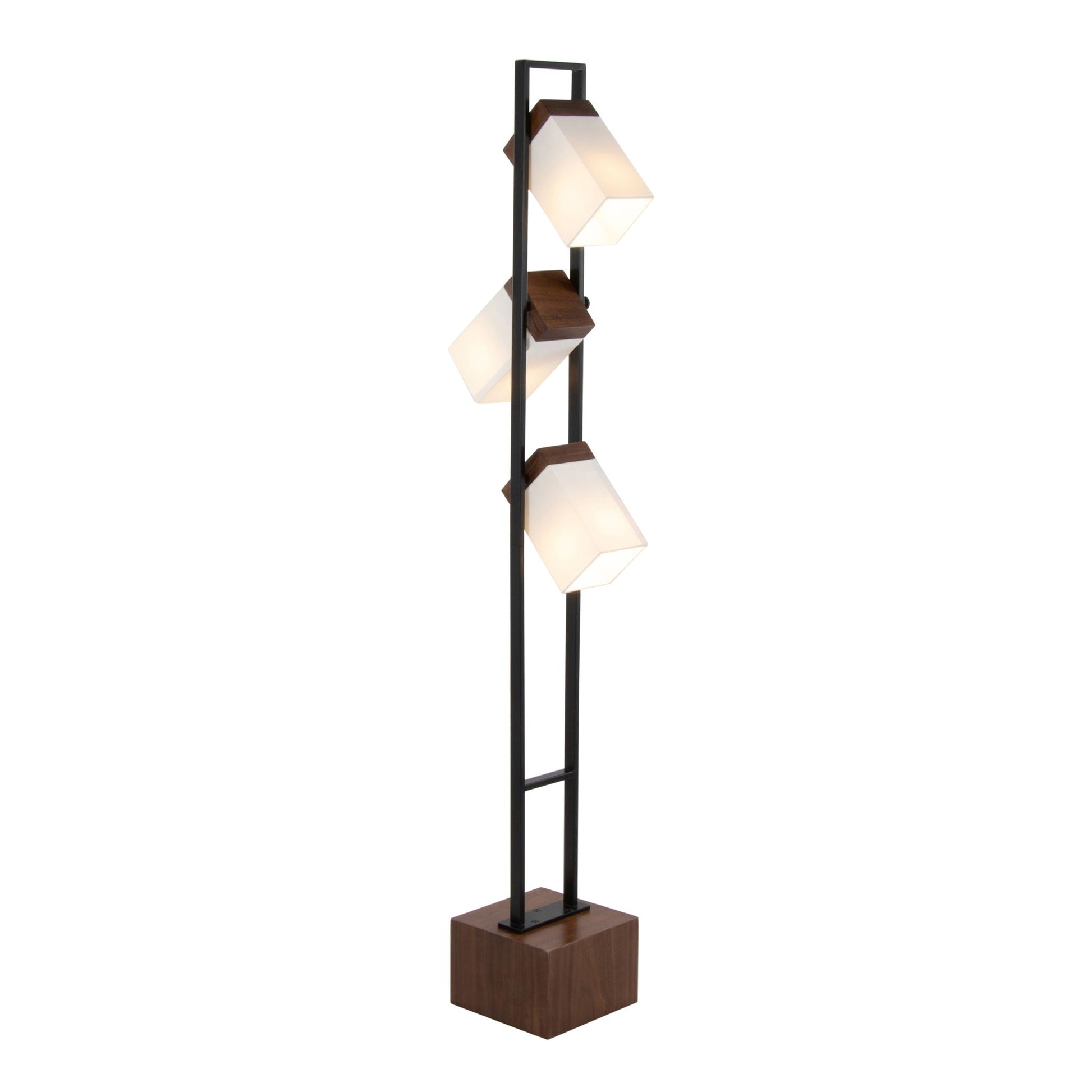 Bento floor lamp, black metal frame with walnut blocks and white cube shades, 4 lights on Tampa Home & Garden Store