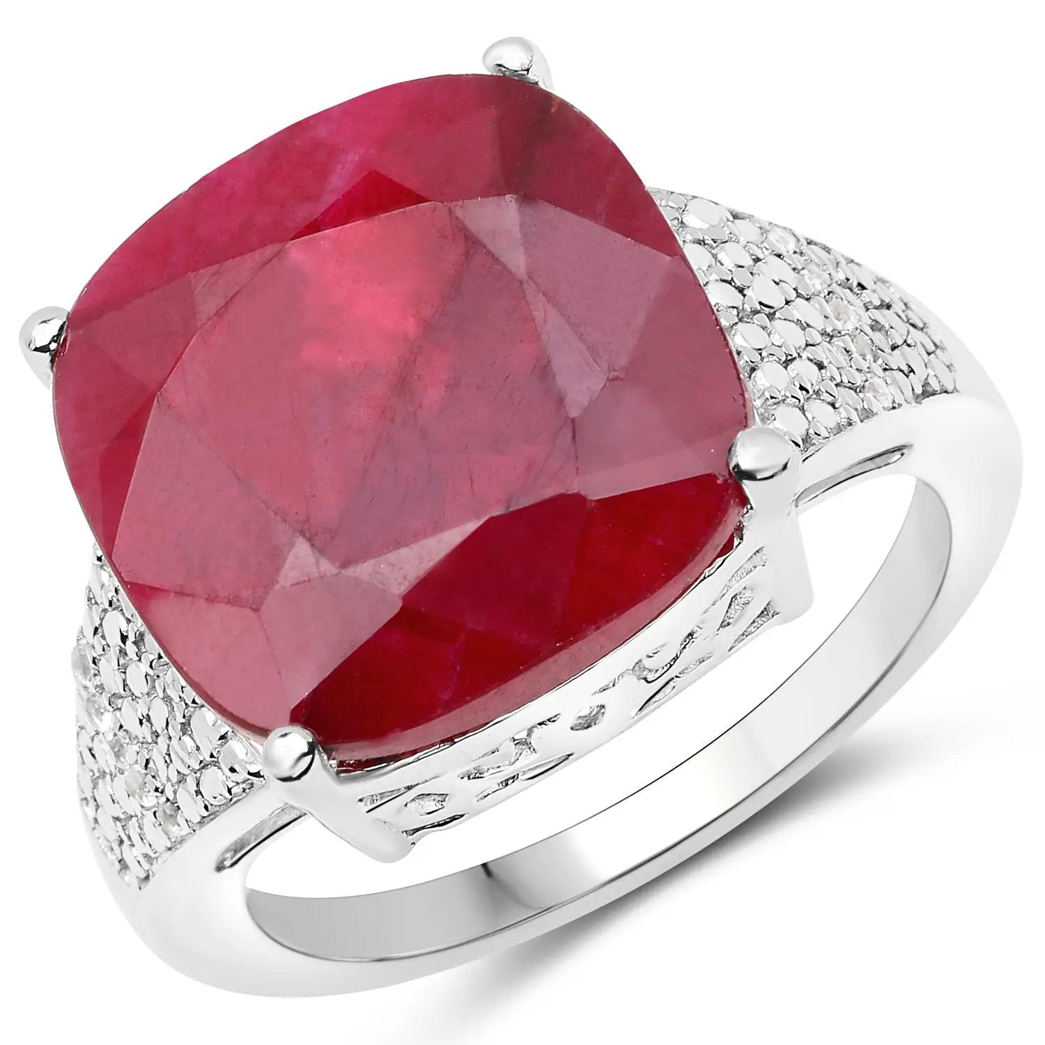Sterling silver ring with cushion-cut dyed ruby centerpiece and pave white topaz accents on Tampa Home & Garden Store
