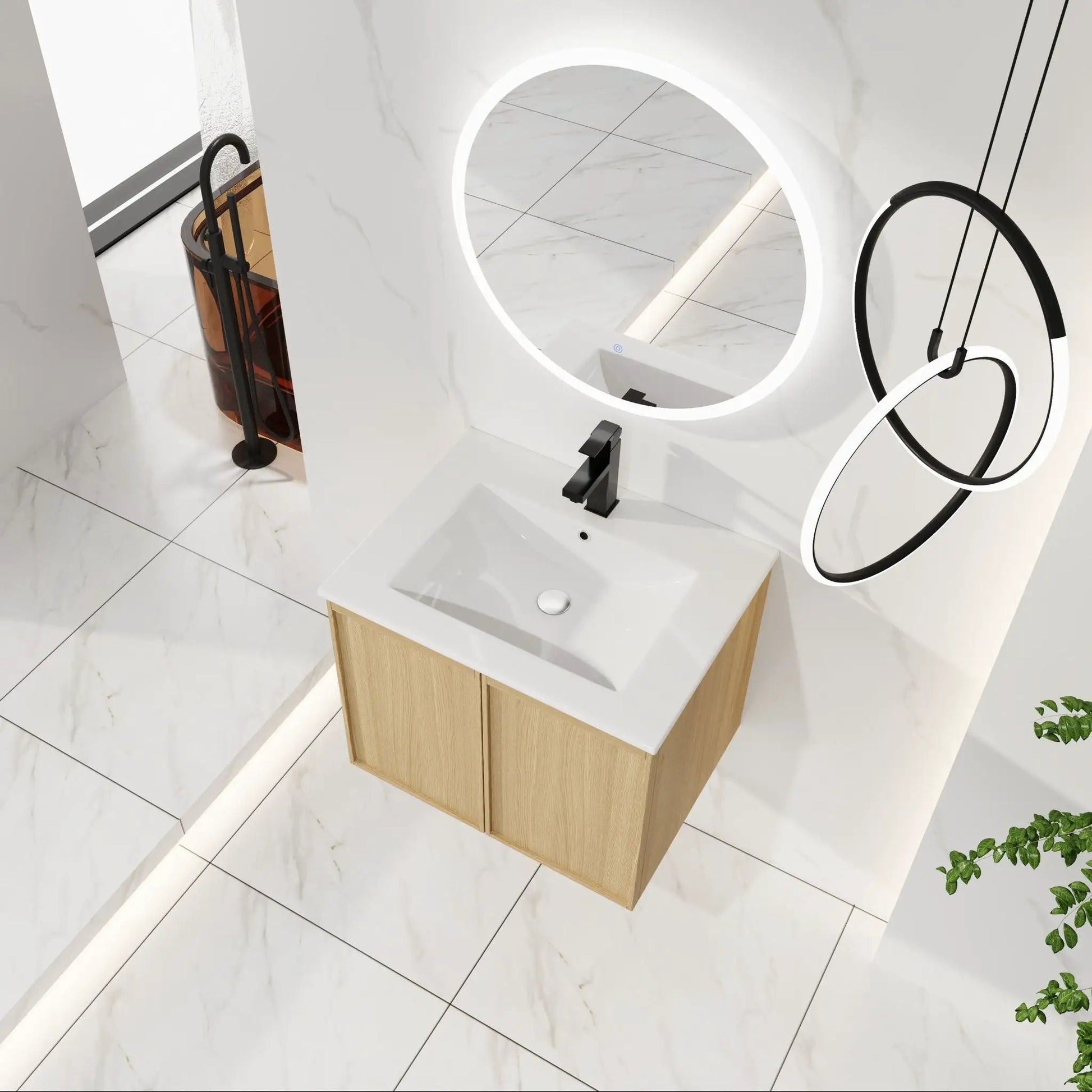 Floating vanity with sink, white countertop and wood base, backlit mirror, black faucet fixtures on Tampa Home & Garden Store