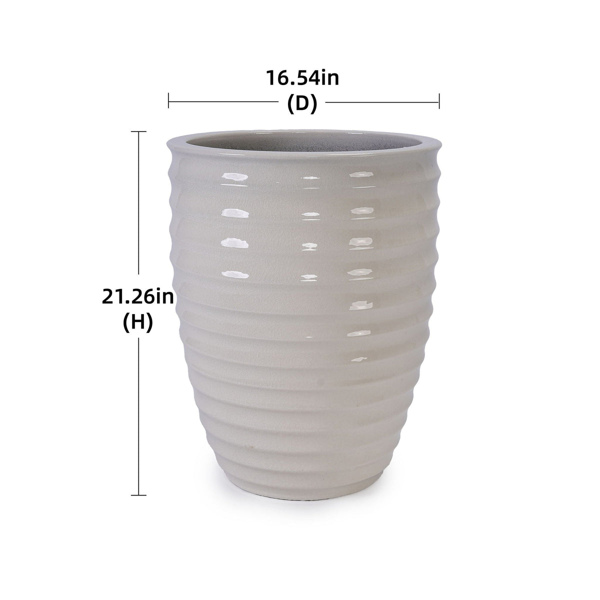 HouseOfZazla gray ceramic ribbed planter with white speck glaze dia 16.54in by 21.26in height on Tampa Home & Garden Store
