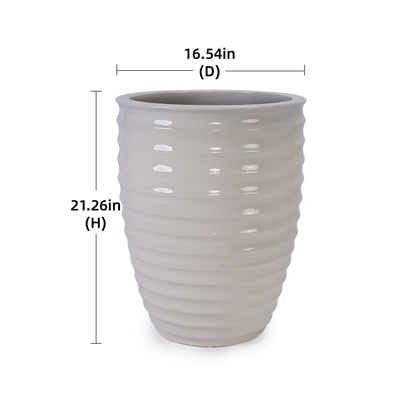 HouseOfZazla gray ceramic ribbed planter with white speck glaze dia 16.54in by 21.26in height on Tampa Home & Garden Store