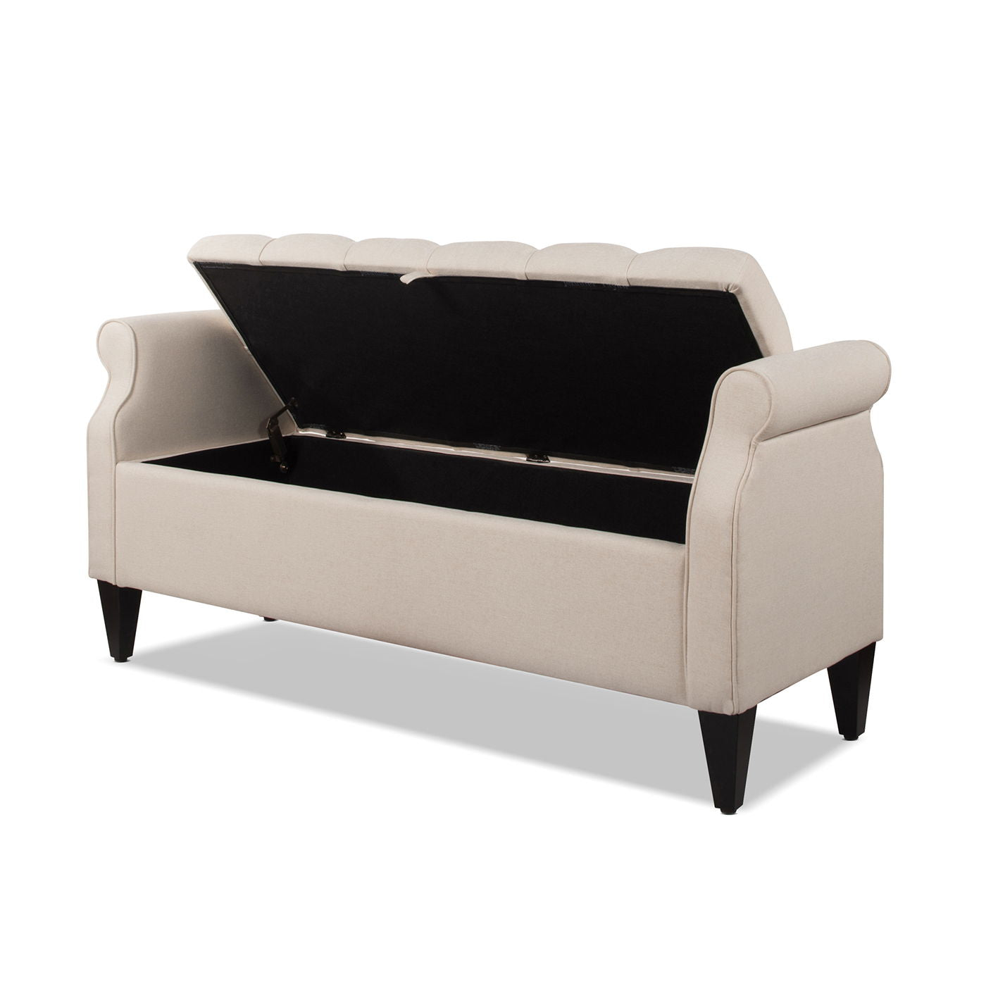 Jacqueline Tufted Roll Arm Storage Bench beige fabric with open lid and black interior on Tampa Home & Garden Store