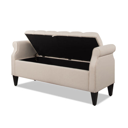 Jacqueline Tufted Roll Arm Storage Bench beige fabric with open lid and black interior on Tampa Home & Garden Store