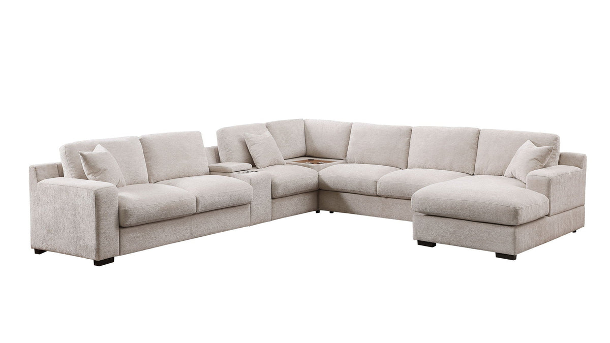 Celine fabric corner sectional sofa with right-facing chaise, cupholders, beige upholstery on Tampa Home & Garden Store