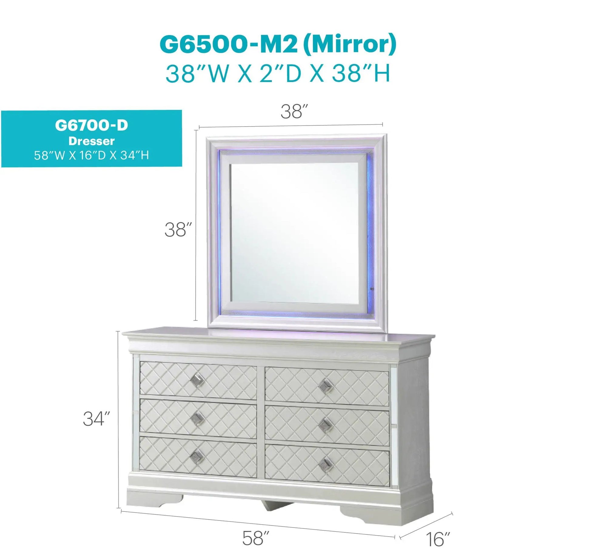 Verona dresser by Unique Piece Furniture with mirrored diamond-front drawers, 58W x 16D x 34H on Tampa Home & Garden Store