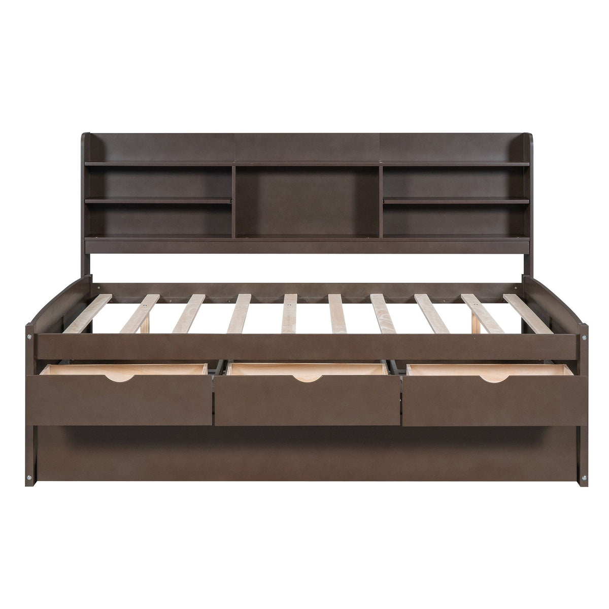 Captain Bed with built-in bookshelves, 3 storage drawers, and trundle in dark brown wood on Tampa Home & Garden Store