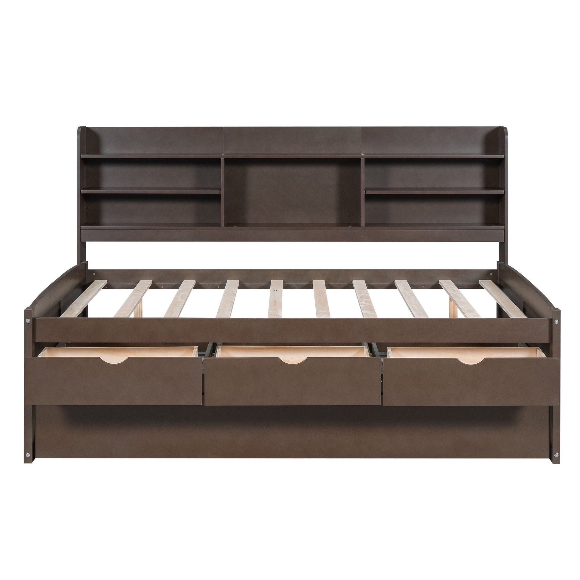 Captain Bed with built-in bookshelves, 3 storage drawers, and trundle in dark brown wood on Tampa Home & Garden Store