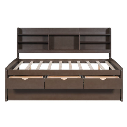 Captain Bed with built-in bookshelves, 3 storage drawers, and trundle in dark brown wood on Tampa Home & Garden Store