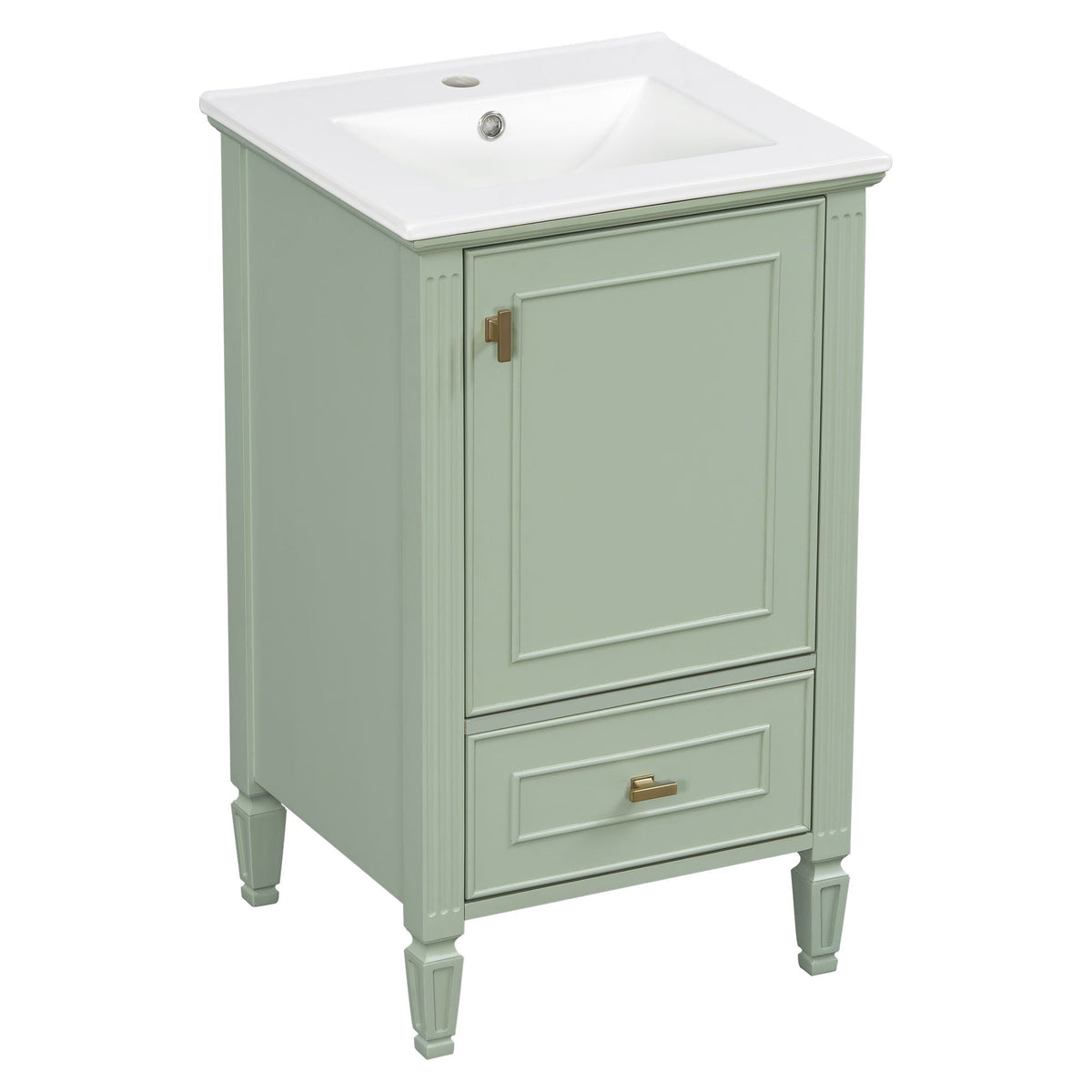 Retro bathroom vanity with sink in green by HouseOfZazla, white sink, gold hardware, legs on Tampa Home & Garden Store