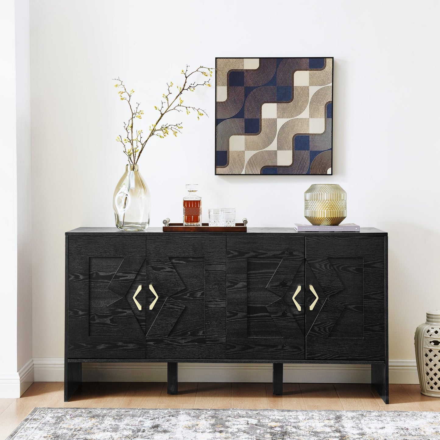 60-inch black sideboard with geometric panel doors, brass handles and storage HouseOfZazla on Tampa Home & Garden Store