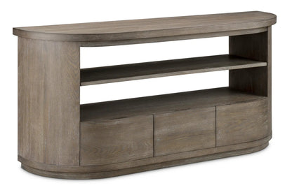Bosley demilune sofa table porpoise finish by Unique Piece; curved top with two shelves on Tampa Home & Garden Store