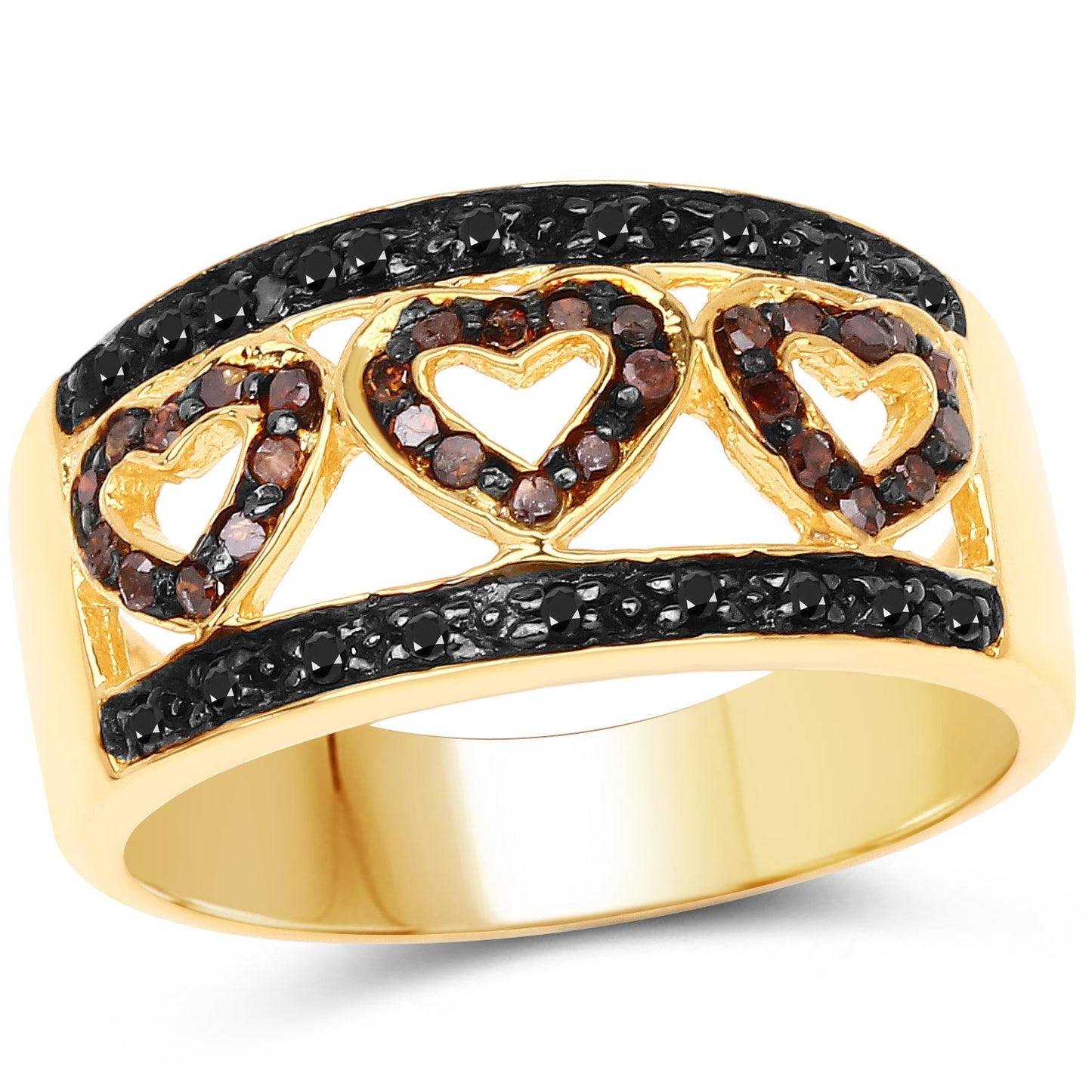Gold plated ring with black diamond pave bands and three heart motifs with red diamonds on Tampa Home & Garden Store