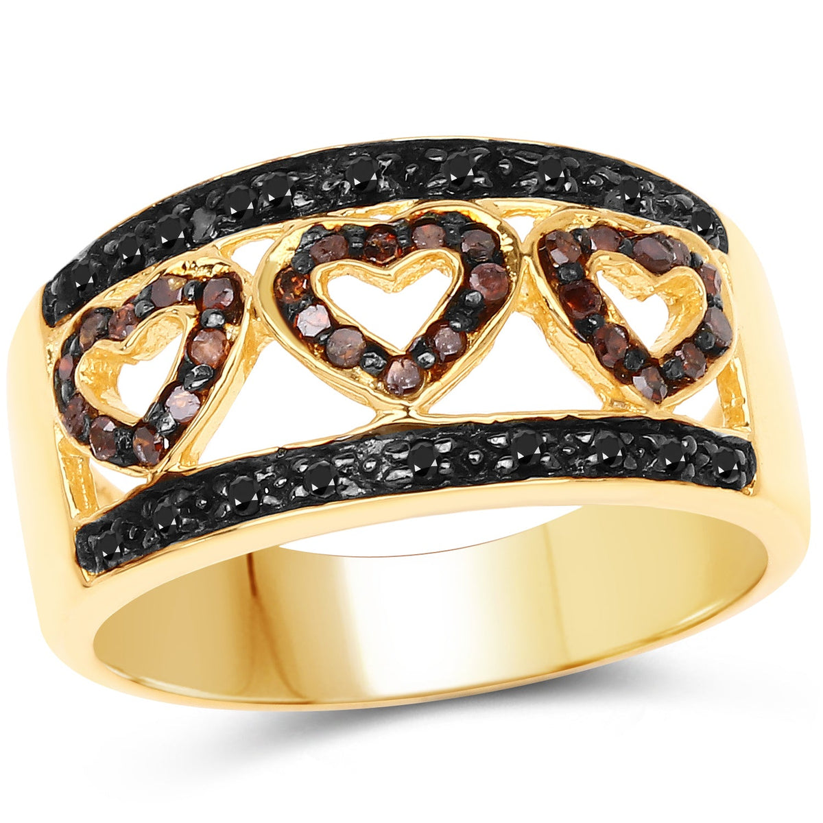 Gold plated ring with black diamond pave bands and three heart motifs with red diamonds on Tampa Home & Garden Store