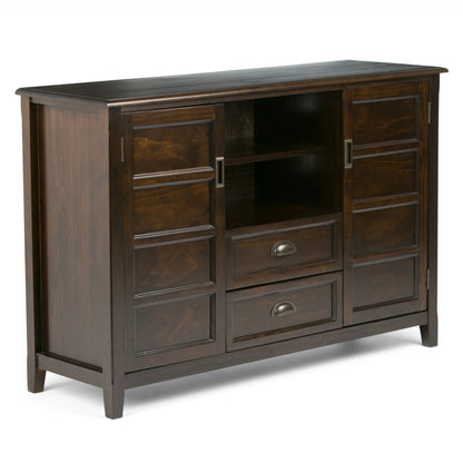 Handcrafted tall TV stand with storage in dark wood, paneled doors and open center shelf on Tampa Home & Garden Store
