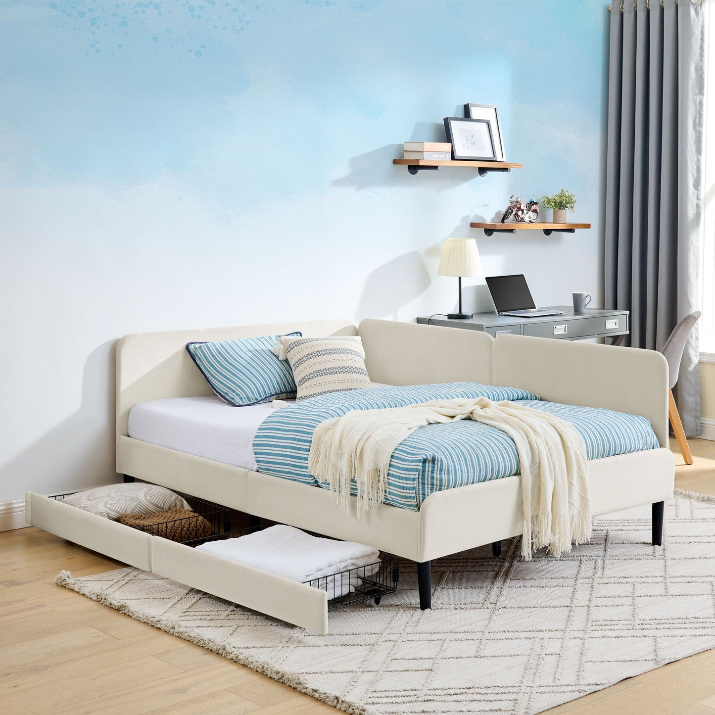 Upholstered Platform Sofa Bed with Drawers