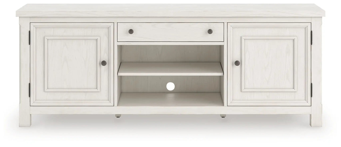 TV Stand Robbinsdale Extra Large antique white with dual cabinets and center open shelves on Tampa Home & Garden Store