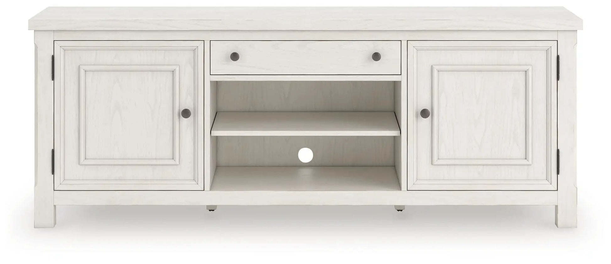 TV Stand Robbinsdale Extra Large antique white with dual cabinets and center open shelves on Tampa Home & Garden Store