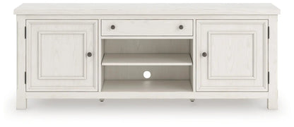 TV Stand Robbinsdale Extra Large antique white with dual cabinets and center open shelves on Tampa Home & Garden Store
