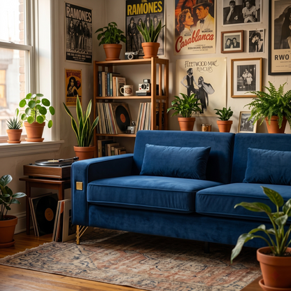 Luxury Velvet Sofa with Gold Accents by HouseOfZazla, blue velvet and gold-tone legs on Tampa Home & Garden Store