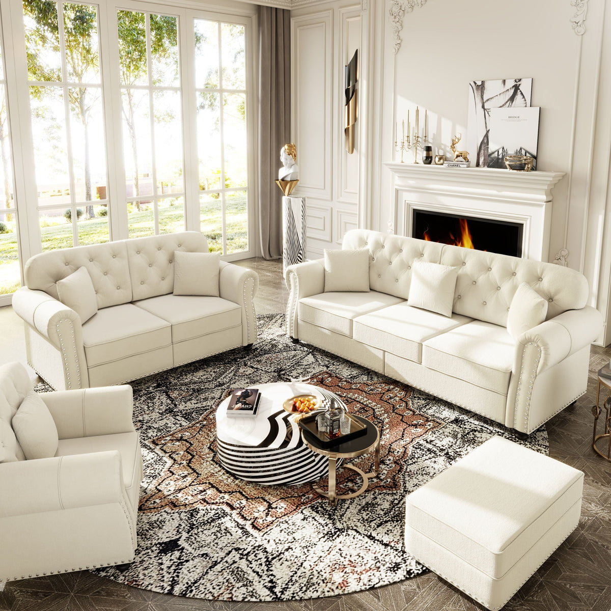 Upholstered Sofa Set with Nailhead and Pillows