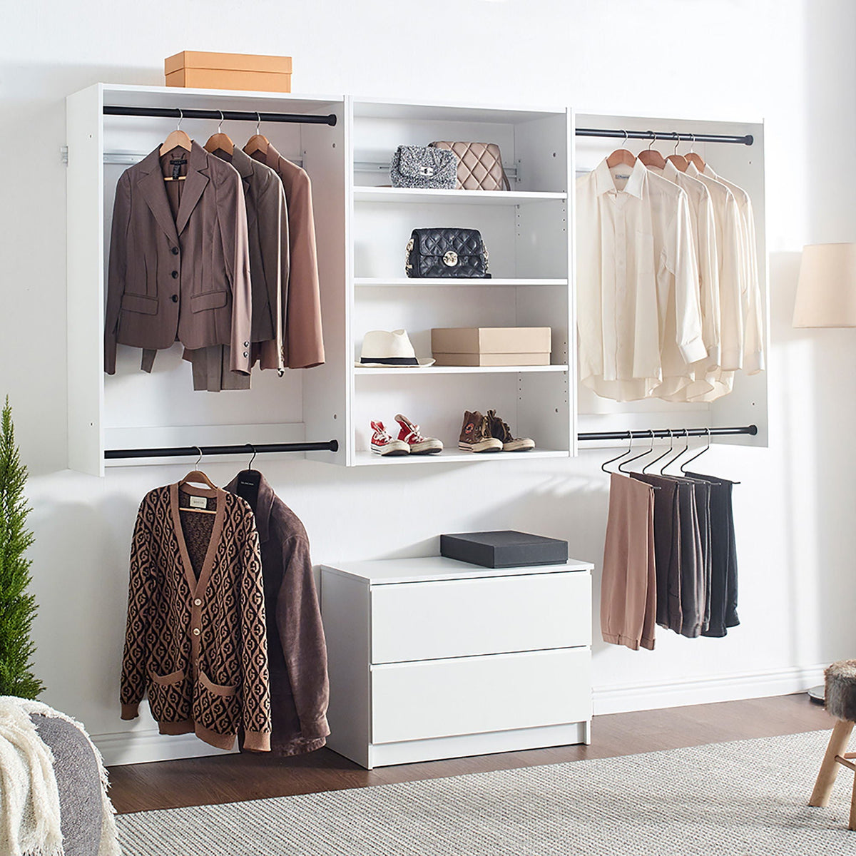 Wall mounted wood closet system with modular triple wardrobes in white or light brown on Tampa Home & Garden Store