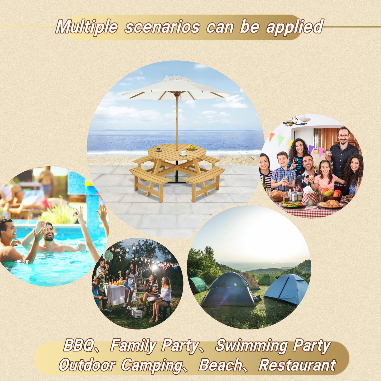 Outdoor 8 Person Round Picnic Table and Benches