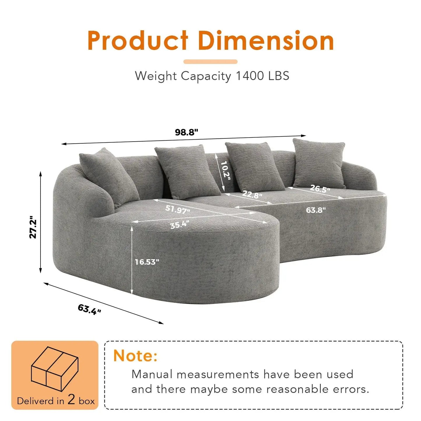 Combined Sofa With 4 Pillows by Unique Piece Furniture, grey fabric stationary sectional on Tampa Home & Garden Store