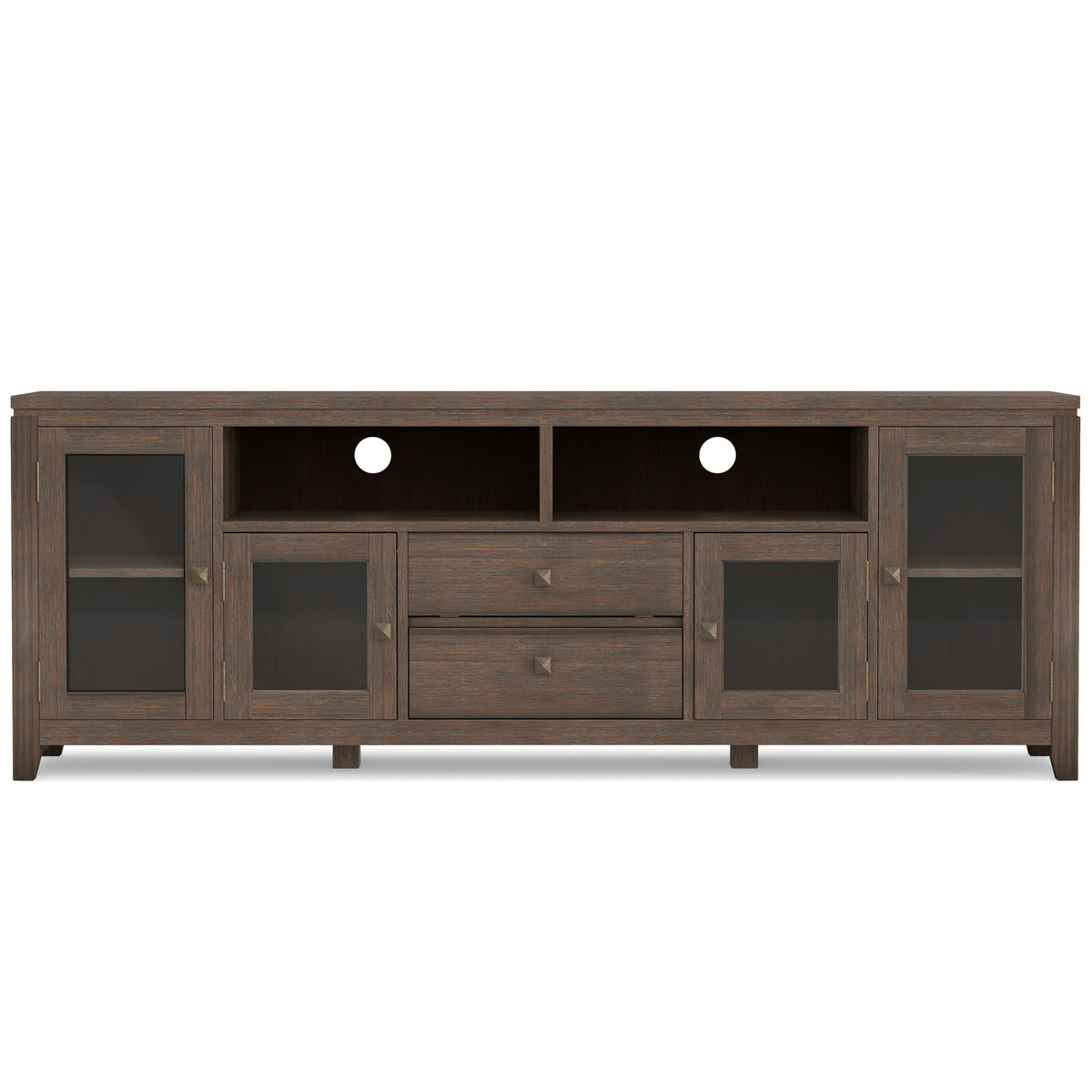 Wide handcrafted solid wood media stand with glass cabinets and open cubbies in dark finish on Tampa Home & Garden Store